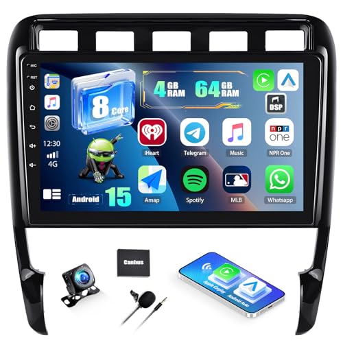 CAMECHO Qualcomm 8-Core 4+64G Android 15 DSP Car Radio for Porsche Cayenne 2002-2010 with Rear View Camera, 9 Inch Wireless Carplay Bluetooth Radio with Android Auto WiFi GPS FM/RDS Mirror Link
