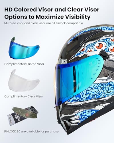 ILM Full Face Motorcycle Helmet for Men and Women – Motorcycle Helmet with 2 Visors Compatible with Pinlock Transparent and Coloured – Motocross Street Bike Helmet ECE Model Z501, Manta Blue, S