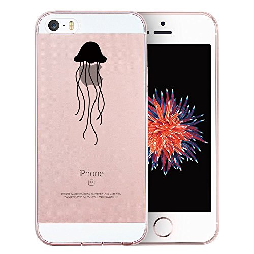 iPhone SE Case, SwiftBox Clear Case with Design for iPhone 5/5S/SE with Tempered Glass Screen Protector (Black Jellyfish)