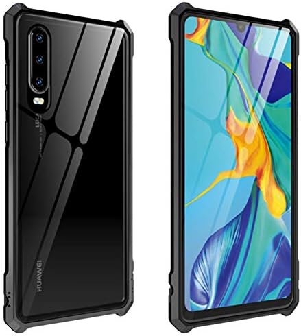 Huawei P30 Case, CHIHENG Ultra Thin [Buckle Structure] Magnetic Aluminum Metal Frame + Transparent Tempered Glass Back Cover Full Body Protective Case for Huawei P30 6.1" Black