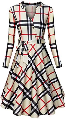 Women's V Neck Long/Short Sleeve Button Decoration Plaid Swing Dress