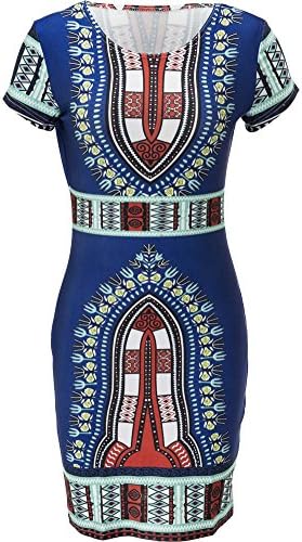 Women's African Vintage Floral Dashiki Tribal Short Dress Blue S