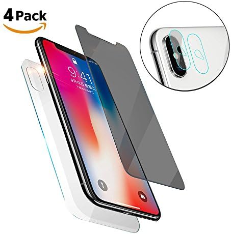 [4 Pack] iPhone X Anti-Spy/Rear Screen Protector Glass and Camera Lens Protector ,Full Coverage iPhone X /iPhone 10 BackTempered Glass Privacy Screen Protector Black [Case Friendly] [Bubble-Free]