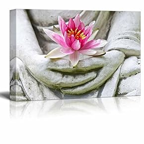 Canvas Prints Wall Art - Buddha Hands Holding Flower | Modern Wall Decor/Home Art Gallery Wraps Giclee Print & Wood Framed. Ready to Hang - 12" x 18"