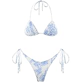 VOLAFA Women's Triangle Bikini Set String Swimsuit Print Tie Smocked Ruched Two Piece Bathing Suit