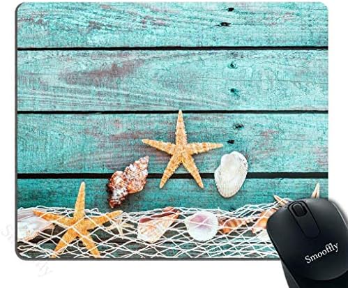 Style Crome Pretty Turquoise Blue Nautical Background Decorated with Draped Fishing net and Starfish on Painted Rustic Wooden Boards Mouse pad (9.1 x 7.3 inches)