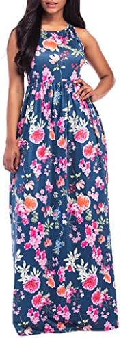 Lamolory Women's Maxi Dress Floral Printed Summer Sleeveless Casual Tunic Long Maxi Dress (Navy, L)