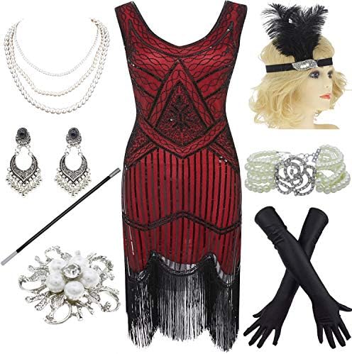 8IGHTEEN COSTUME 1920s Gatsby Fringed Paisley Plus Size Flapper Dress with 20s Accessories Set