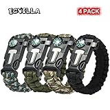 4 PACK Multifunctional Paracord Bracelet, ECVILLA Outdoor Survival Kit Parachute Cord Buckle W Compass Flint Fire Starter Scraper Whistle for Hiking Camping Emergency More (4PCS)