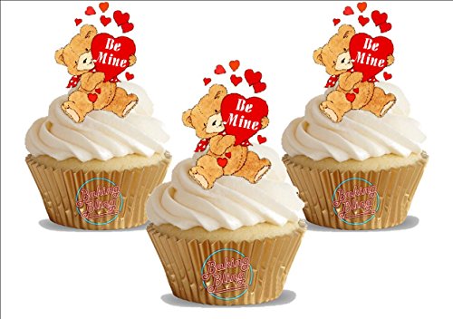 12 x Valentines Be Mine Teddy Bear - Fun Novelty Birthday PREMIUM STAND UP Edible Wafer Card Cake Toppers Decoration