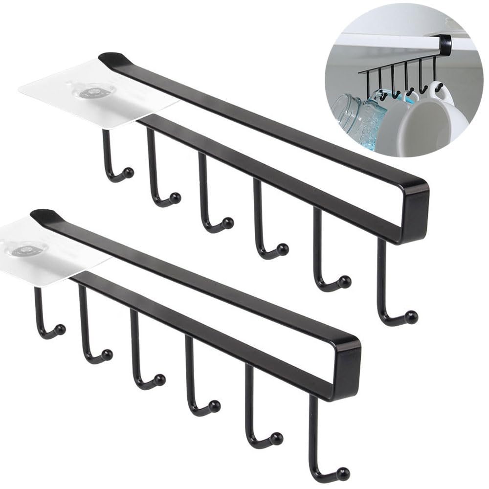Photo 1 of 2 Pack Storage Mug Hooks Rack Under Cabinet Each with Fixed Sticker, 6 Hooks Cup Holder Hanger, Ties Belts Scarf Hanging Hook Rack, Mug Hook Hanger Under Shelf Without Drilling Kitchen Utensil Hanger