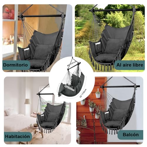 AzzmaAii Hamaca Colgante para Silla, Silla Hamaca Colgante de Cuerda con Cojín y Barra de Metal Silla Colgante al Aire Libre Silla Columpio Sillas Colgantes Portátil al Aire Libre Cuerda Colgante