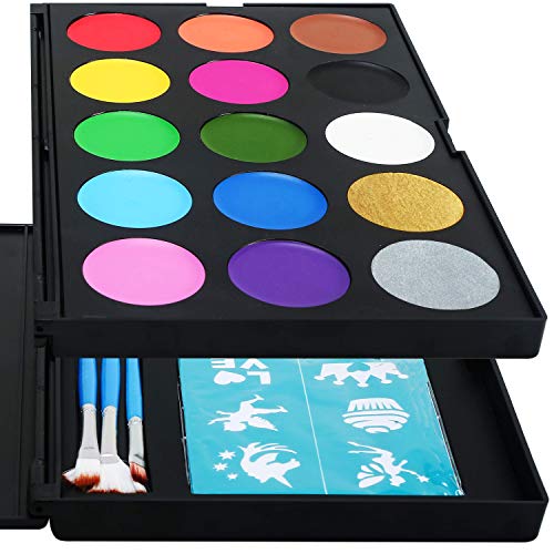 Non-Grease Face Painting Kit 15 Colors with 2 Metallic Gold and Silver, 3 Brushes, 30 Stencils, 2 Sponges - Professional Face Paint for Sensitive Skin, Halloween Makeup, Facepaints Party, Kids Safe
