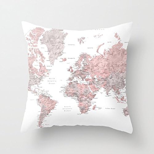Ashasds Dusty Pink And Grey Detailed Watercolor World Map Fashion Decoration Throw Pillow Covers For Home Indoor Friendly And Comfortable Cushion Covers Standard Size 16x16 IN