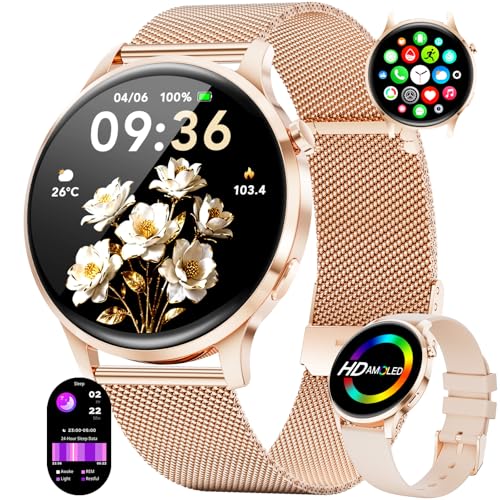 HIRREO Montre Connectée Femme Ronde, Smartwatch Femme Ultrafin 7,99 mm 1,32" Écran Clair Appel Bluetooth, Montre Intelligente Santé Féminine Fréquence Cardiaque SpO2 Fitness Podomètre, Or Rose