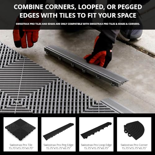 Swisstrax Ribtrax PRO Interlocking Garage Floor Tiles, 15.75 x 15.75-Inch, Jet Black, 24 Piece Set | Interlocking 15.75" x 15.75" tiles | Snap-together, no adhesives | Commercial-grade polypropylene