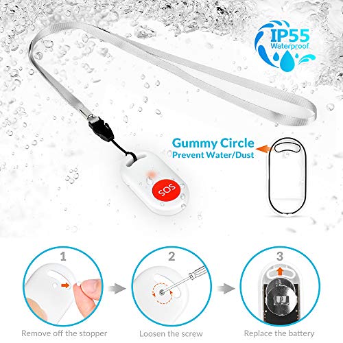 Wireless Caregiver Button Caregiver Pager with IP55 Waterproof SOS Call Button for Caregiver Alert System 52 Melodies with Wireless Range 260ft (3 SOS Buttons+2 Receivers) Neck Strap Included