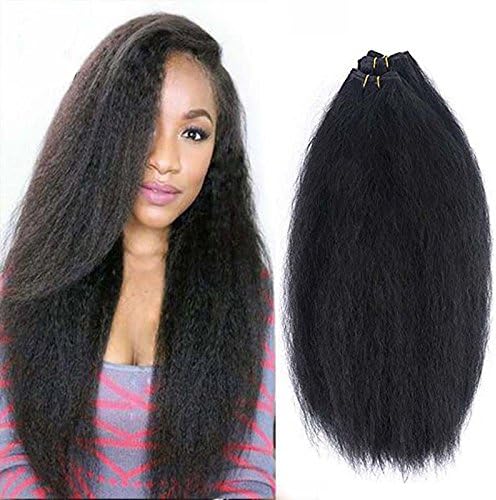 5 Pcs Kinky Straight Hair Weave Bundles Natural Color Coarse Yaki Straight Hair Extensions 16 16 18 18 with Closure