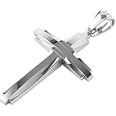 HZMAN Mens Polished Stainless Steel Silver Cross Pendant Necklace 22+2 Inches Chain