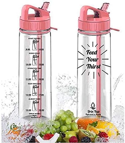 GreenKitchens [Sports Motivational] Leak Proof BPA Free Water Bottle 900ml with Straw and Times to Drink