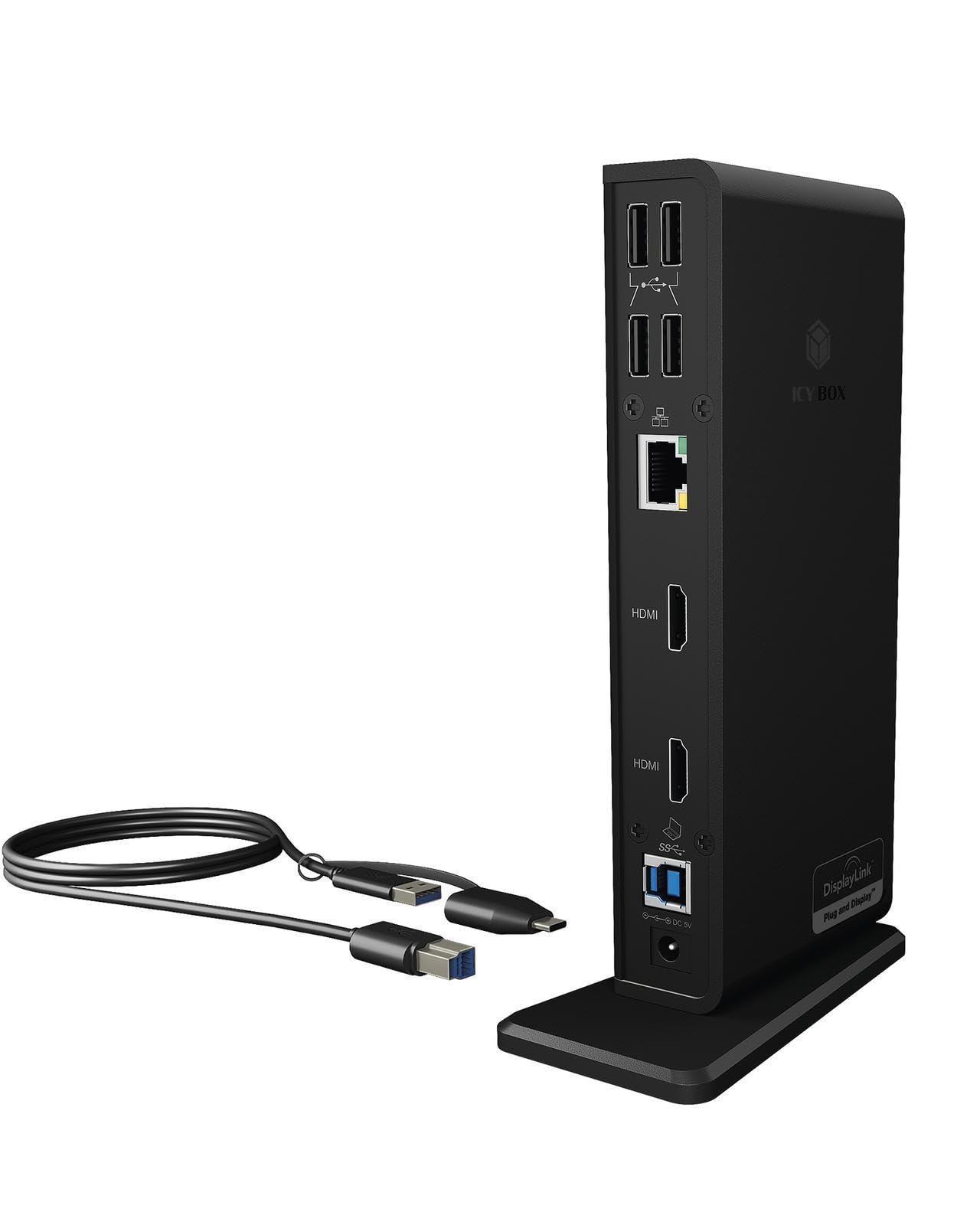 ICY BOX USB-C Docking Station (11-in-1) Dual Monitor 2 HDMI , USB 3.0 Laptop Docking Station with Dual HDMI (6 USB Ports, Gigabit Ethernet, DisplayLink), IB-DK2251AC