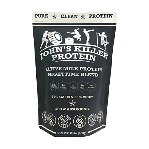 JOHN S KILLER PROTEIN - NIGHTTIME BLEND. The ideal mix of 80% Casein, 20% Whey. GMO Free, Soy Free, Gluten Free, Lecithin Free, Growth Hormones Free, Sweeteners and Artificial Additives Free.
