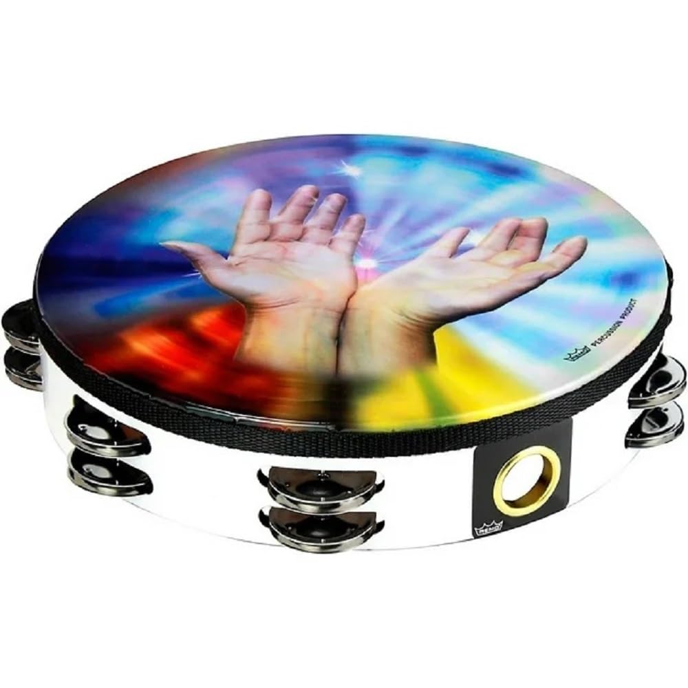 Remo World Percussion Praise Tambourine 10" Double Row β Design: Sustaining Hands, Acousticon Frame, White, 8 Jingle Pairs, Pre-tuned, Lightweight β TA-9210-00-21