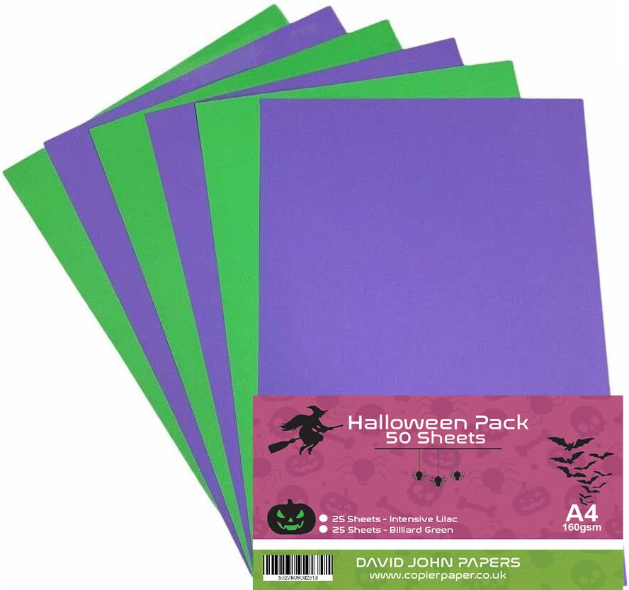 DJP 160 GSM A4 Halloween Coloured Card - Purple/Green (Pack of 50 Sheets) - 25 Intensive Lilac & 25 Billiard Green