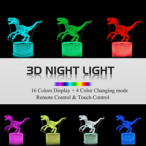 3D Night Light Jurassic Dinosaur Velociraptor Raptor LED Nightlight Baby Nursery Lamp for Kids' Room Xmas Birthday Gifts with Remote Control 16 Color Changing