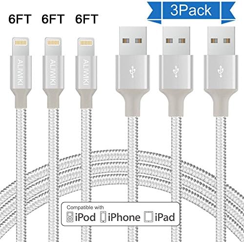 iPhone Charger, ALIWIKI 3Pack 6Feet Nylon Braided Lightning Cable USB Syncing and Fast Charging Cable Cord for iPhone X/8/7/7 Plus/6s/6s Plus/6/6Plus/5/5S/5C/SE/iPad and iPod (Silver)