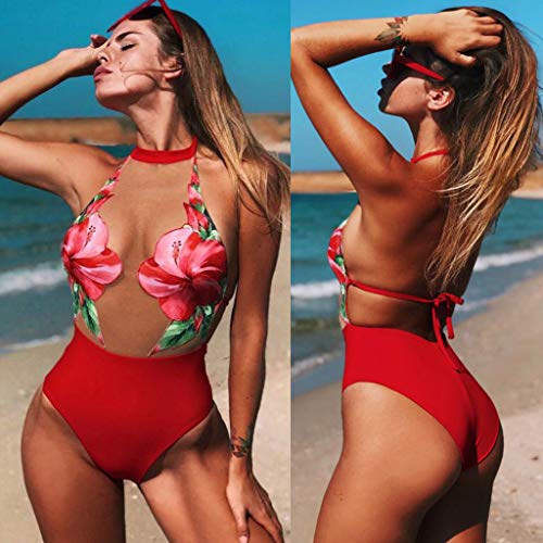Lotus.Flower Women Fashion One-Piece Sexy Bikini Set Solid Color Sport Swimwear Push-Up Padded Swimsuit (M, Red)