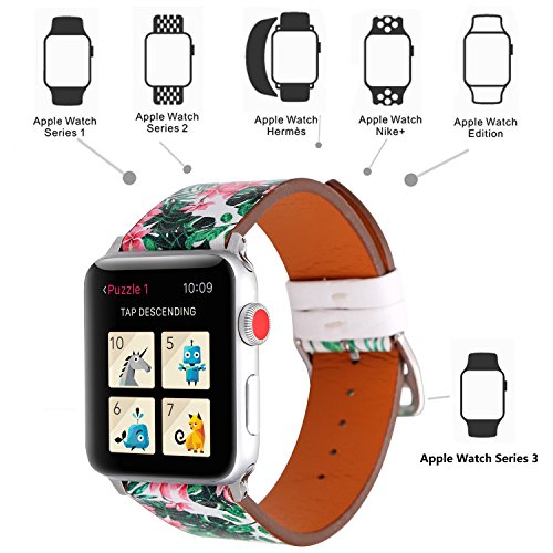 YOSWAN Bracelet for Apple Watch, National Black White Floral Printed Leather Watch Band 38mm 42mm Strap for Apple Watch Flower Design Wrist Watch Bracelet (Fresh Style Flower, 42mm) - Thumbnail 5