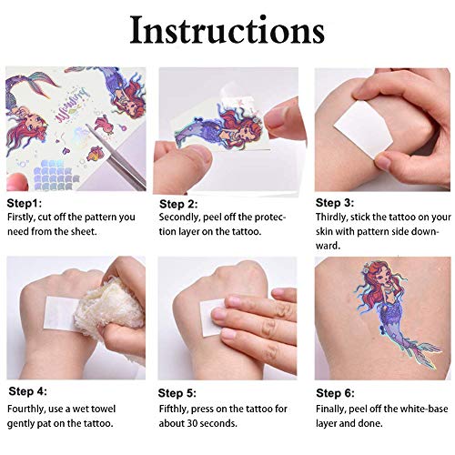 Koogel 180PCS Mermaid Tattoos,12 Sheets Temporary Tattoos for Girls Mermaid Temporary Tattoos for Childrens Party Mermaid Party Filler Decoration