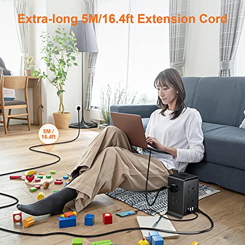bedee Tower Power Strip Extension Cord, 8 Way Outlets 4 USB Ports Tower Extension Lead with Surge Protection Overload Protection