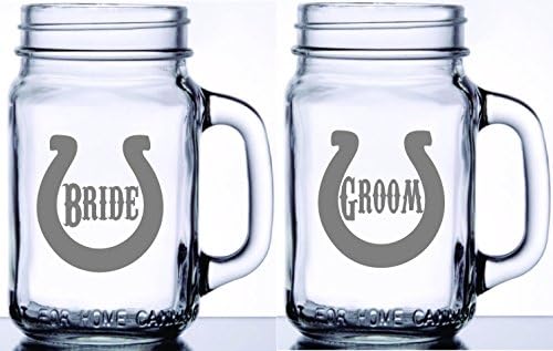 Bride and Groom Set of 2 Mason Jar Mugs Professionally Etched with Horseshoes