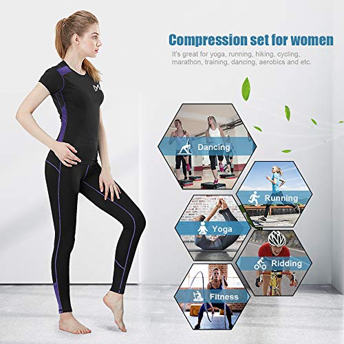 MEETYOO Women's Compression Base Layer, Cool Dry Workout Gym Activewear Short Sleeve T-Shirt and Long Leggings for Fitness Yoga Running Purple