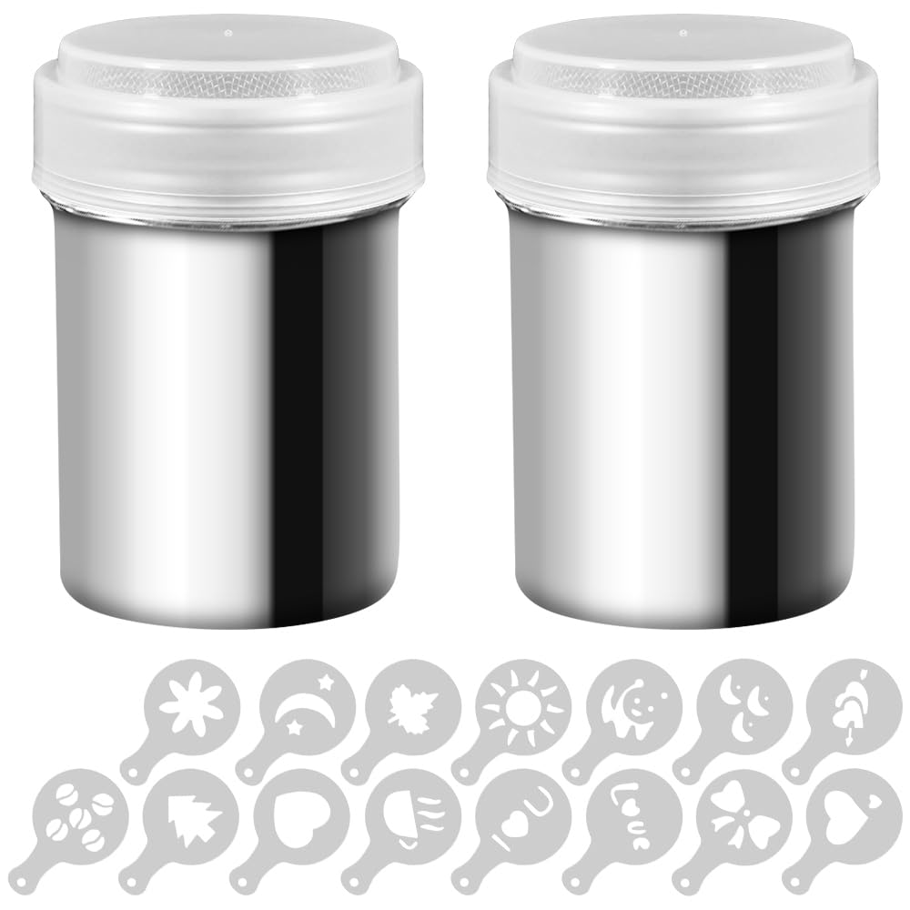 Photo 1 of 2 Stainless Steel Powder Shakers, SENHAI Mesh Shaker Powder Cans for Coffee Cocoa Cinnamon Powder with Lid, with 16 pcs Printing Molds Stencils