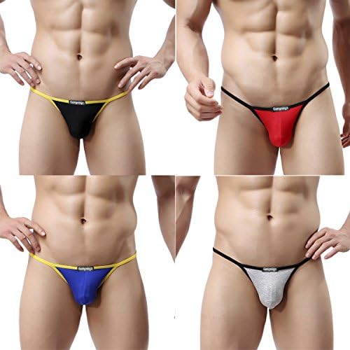 GuangmingXi Men's Jockstrap Hot Thong Underwear Low Raise Lingerie Bikini Briefs Panties (4 Pair Tanga- White/Blue/Black/Red, US L/Tag XL (Waist Size 33" - 35"))