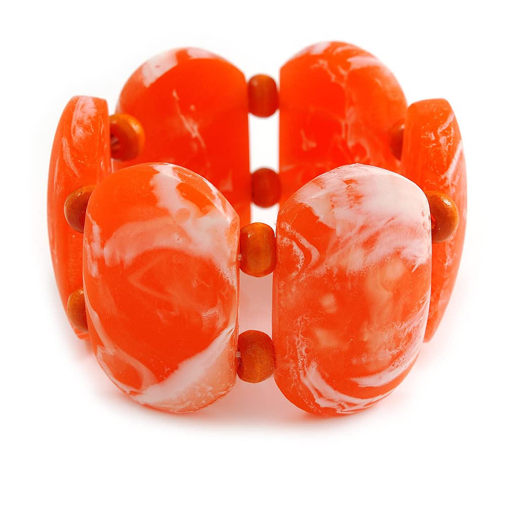Avalaya Wide Chunky Resin/Wood Bead Flex Bracelet in Orange/White - M/L