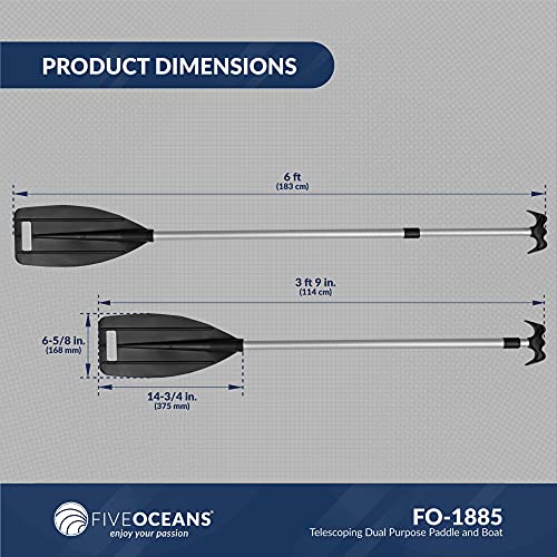 Five Oceans Canoe Paddle and Boat Hook, Anodized Aluminum Shaft, Reinforced ABS Black Plastic