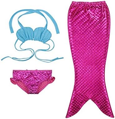 Leiwo Girl's 3Pcs Mermaid Bathing Swimwear Swimsuit Costume Bikini Blue+Rosered 150CM