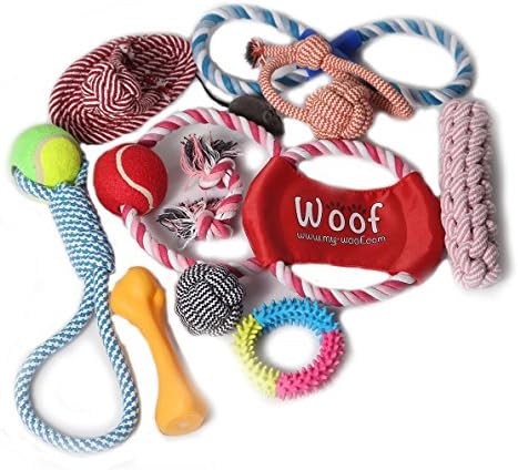 Woof dog toys, 12 pack of toys for aggressive chewers, tough dog toys for small dogs, indestructible pet toys, ropes, balls and more. 100% toxic free.