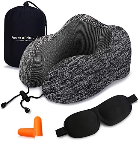 Pon Travel Neck Memory Foam Pillow - Neck Chin Support Cushion for Travelling Rest Flight and Airplane, with Eye Mask and Earplugs, Storage Bag