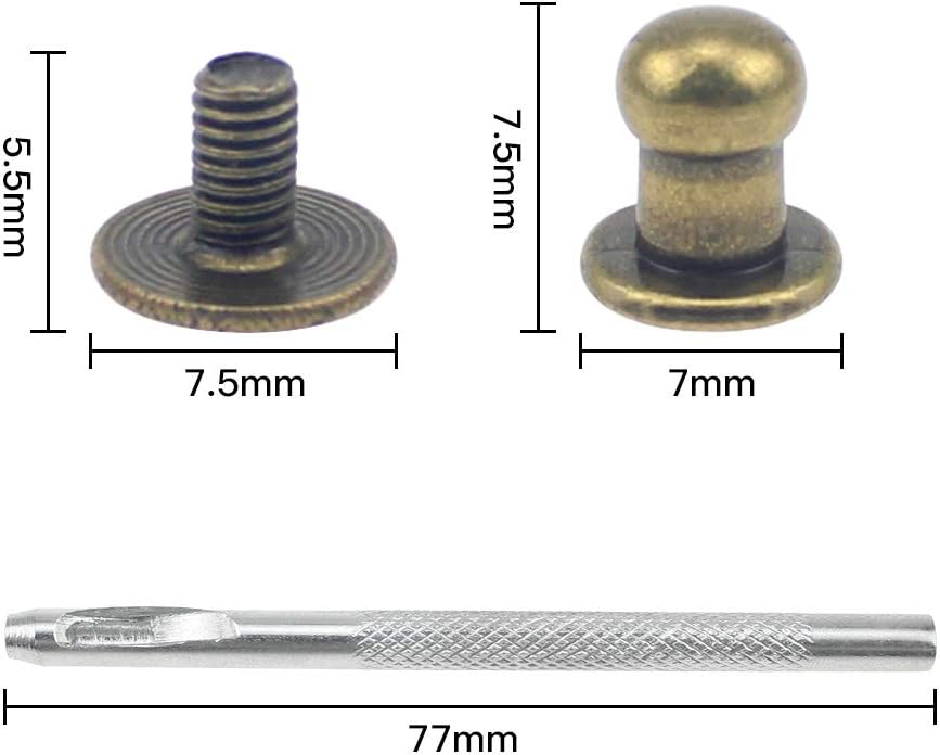 SRunDe 60 Sets 5mm Solid Brass Round Head Stud Screw Rivets Sam Browne Studs Leather Chicago Screws Rivets Round Head Button Stud Screws with Hole Puncher Post Fastener for DIY Repair Leather Craft - Image 3