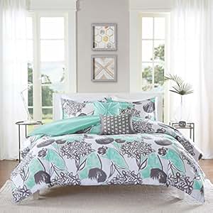 Amazon.com: 4 Piece Girls Mint Grey Floral Theme Comforter