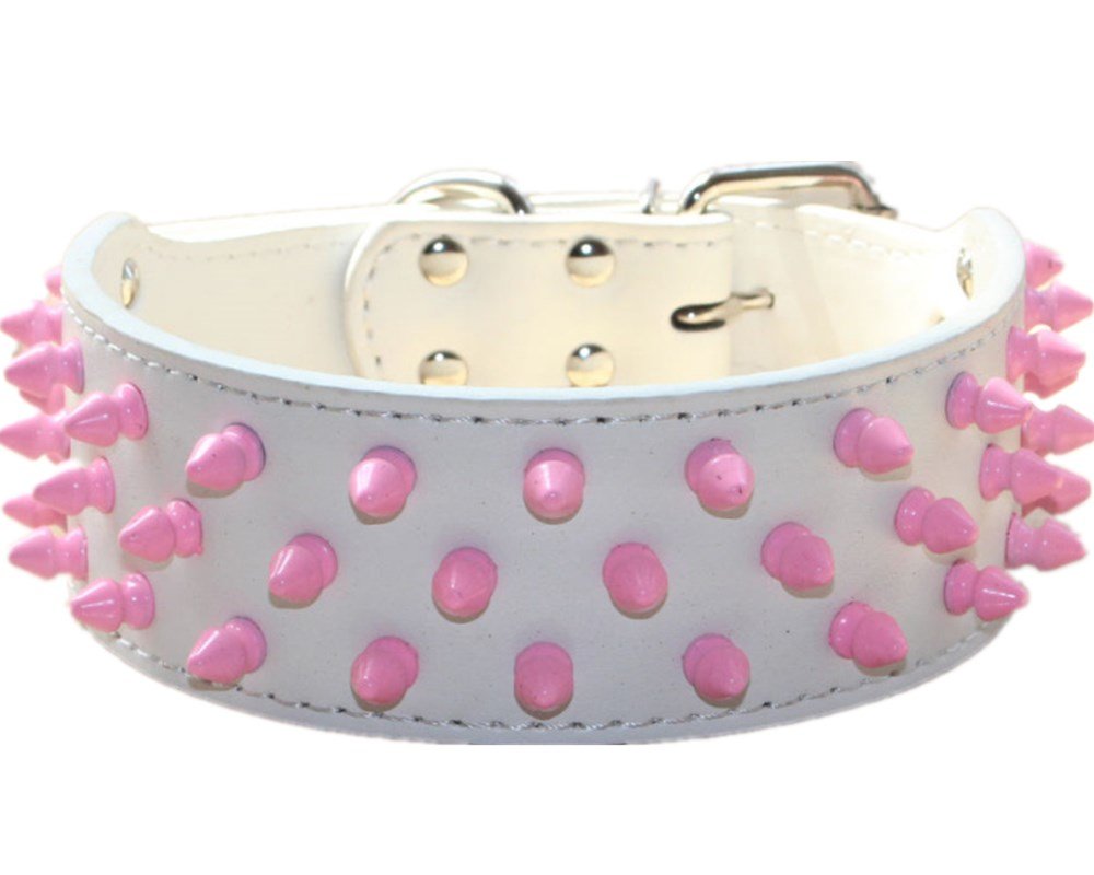 haoyueer 2 inch Wide Leather Dog Collars Cool Pink Spiked Studded Pet Dog Collar for Medium Large Dogs Pit Bull Mastiff Bully Boxer (M, White)