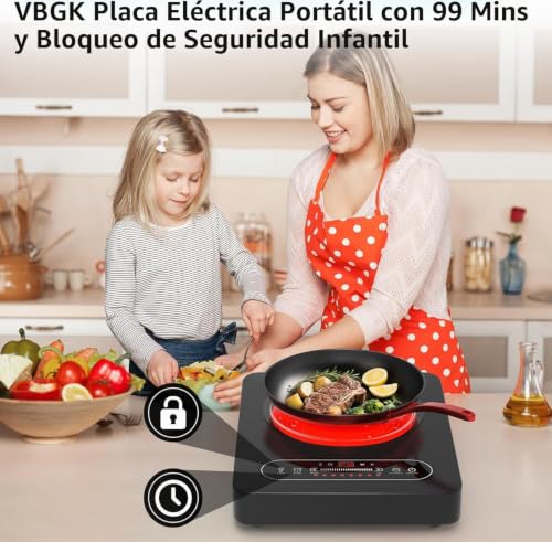 VBGK Vitroceramica Portable 2000W, Portable Vitro with Timer, 8 Power Levels, 220V~240V with Plug, Electric Plate for Camping Compatible with All Types of Pots