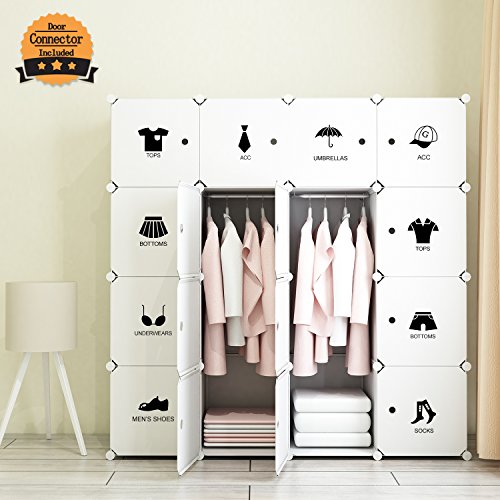 Tespo Portable Clothes Closet Wardrobe, Freestanding Bedroom Armoire Storage Cabinet Organizer with Doors, White-16 Cube