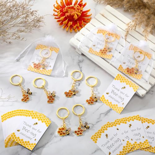25 Sets Bee Employee Appreciation Gift Inspirational Bee Keychains Thank You Cards Organza Bag Cute Gifts for Coworker