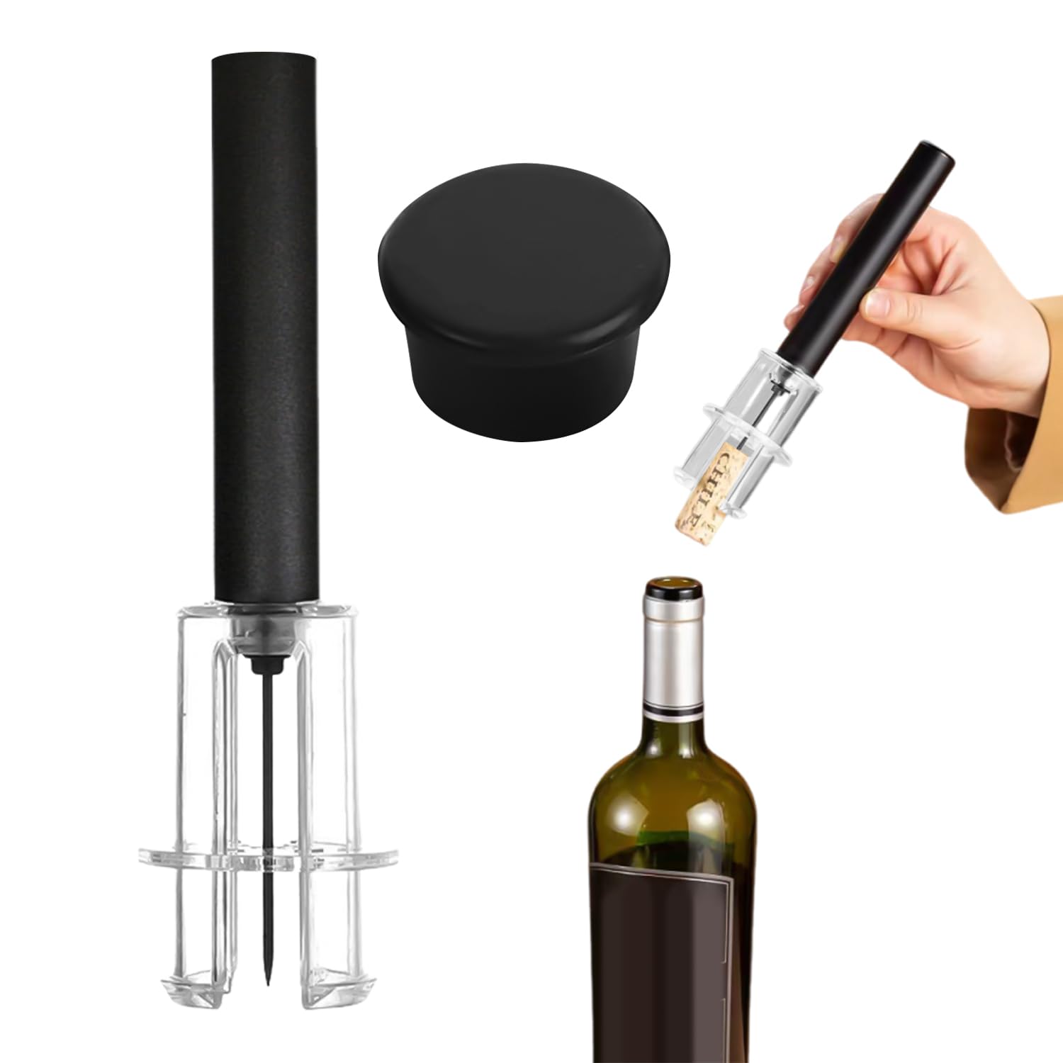 1 Piece of Wine Bottle Opener, 1 Piece of Black Wine Cap, Compressed Air Bottle Opener, Manual Air Pressure Bottle Opener, Wine Bottle Opener